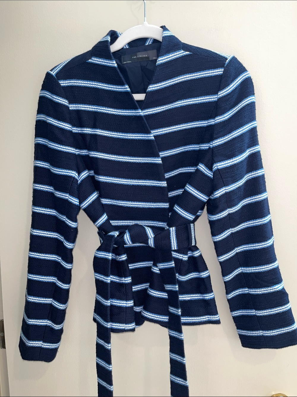 The Limited Navy and Light Blue Striped Wrap Cardigan with Belt